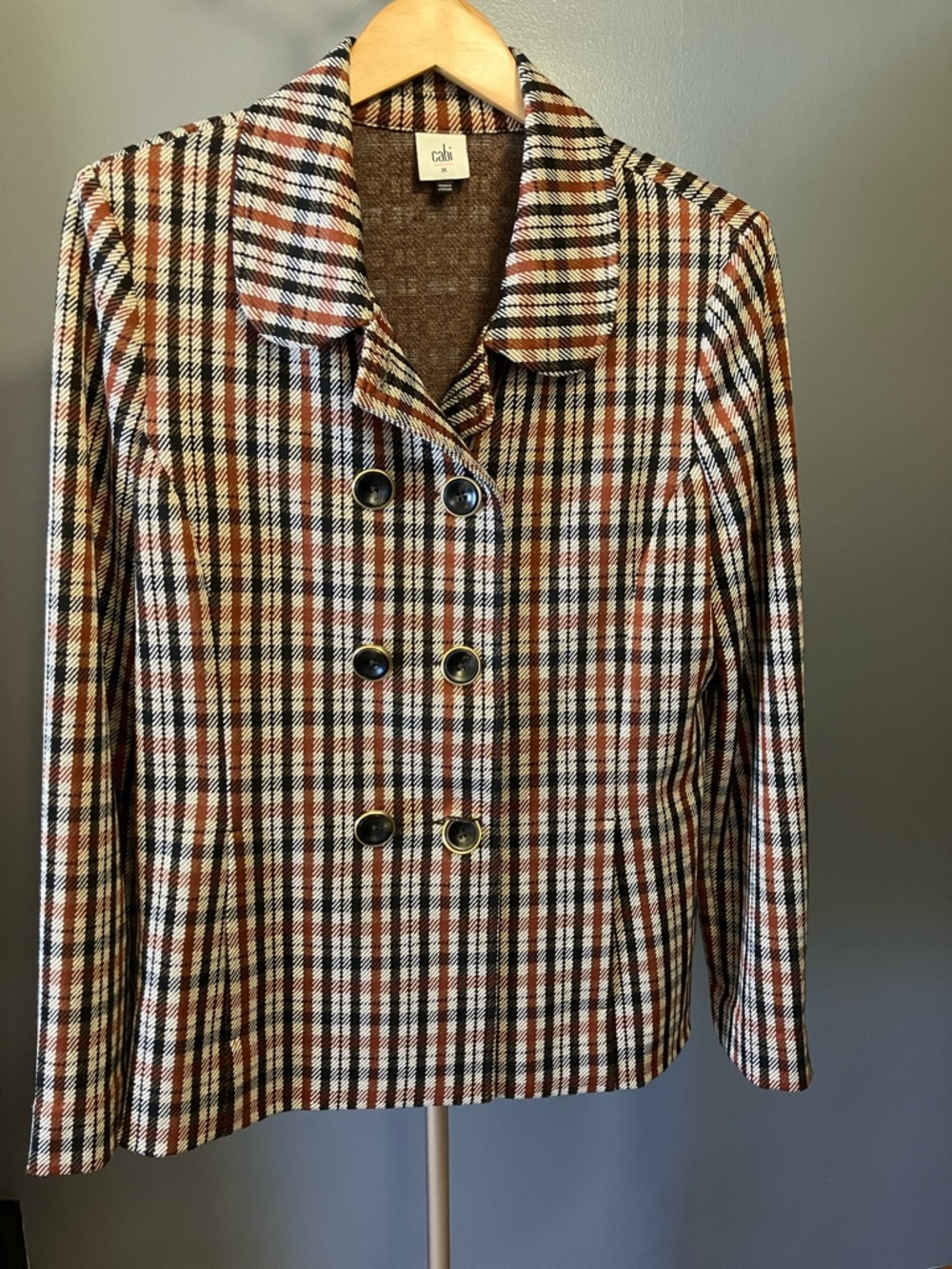 CAbi Double-Breasted Plaid Blazer in Brown, Black & Cream